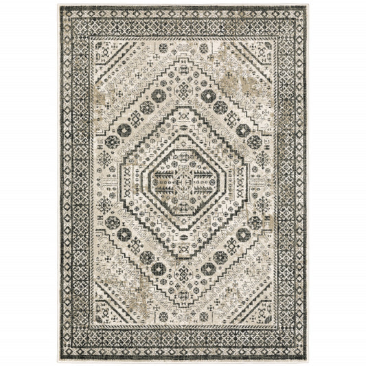 10 x 13 Ivory Grey Black & Ivory Oriental Power Loom Stain Resistant Rug