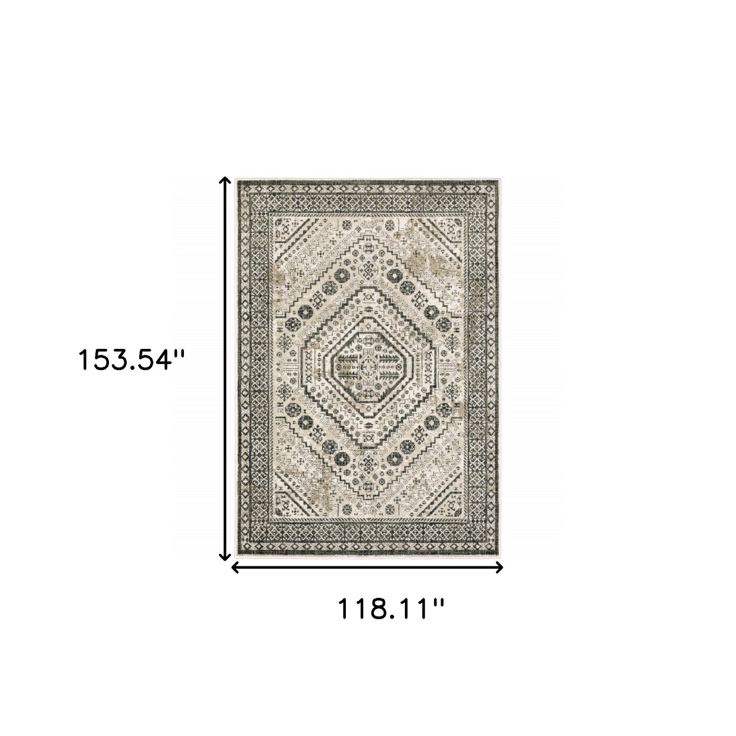 10 x 13 Ivory Grey Black & Ivory Oriental Power Loom Stain Resistant Rug
