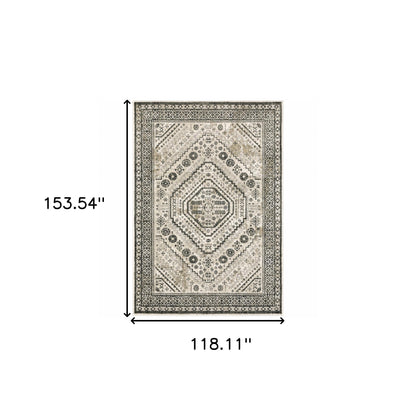 10 x 13 Ivory Grey Black & Ivory Oriental Power Loom Stain Resistant Rug