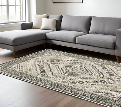 10 x 13 Ivory Grey Black & Ivory Oriental Power Loom Stain Resistant Rug