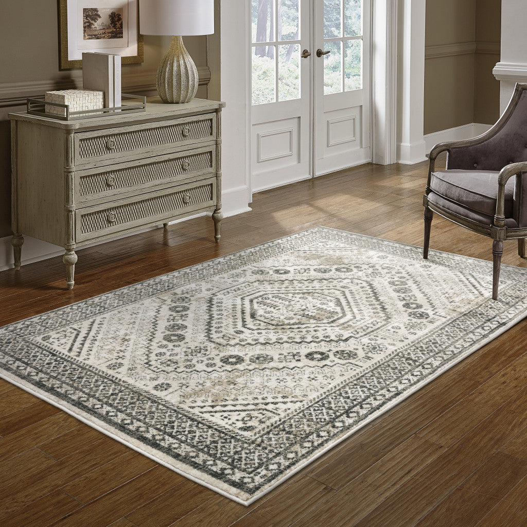 10 x 13 Ivory Grey Black & Ivory Oriental Power Loom Stain Resistant Rug