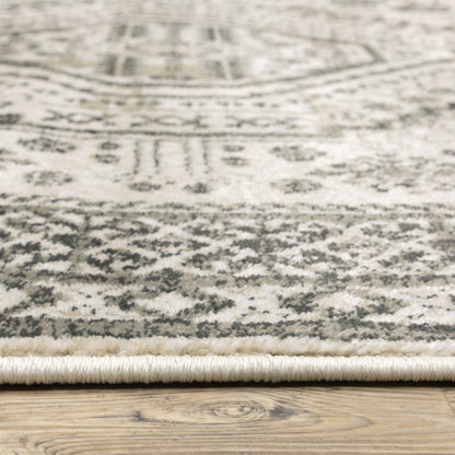 10 x 13 Ivory Grey Black & Ivory Oriental Power Loom Stain Resistant Rug