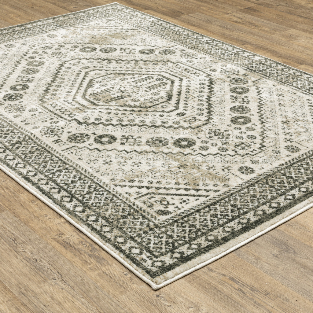 10 x 13 Ivory Grey Black & Ivory Oriental Power Loom Stain Resistant Rug