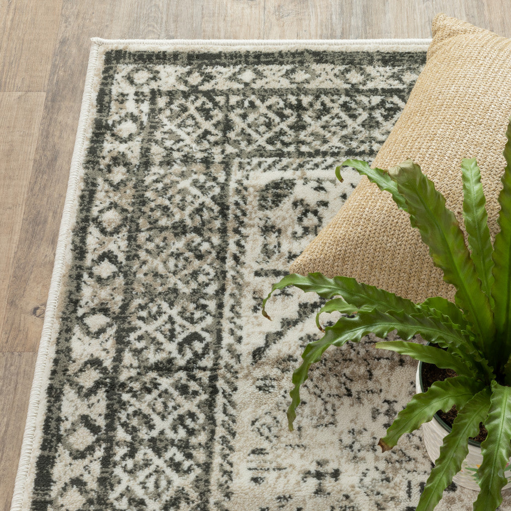 10 x 13 Ivory Grey Black & Ivory Oriental Power Loom Stain Resistant Rug