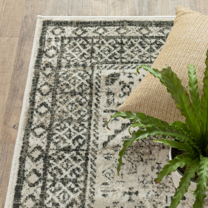 10 x 13 Ivory Grey Black & Ivory Oriental Power Loom Stain Resistant Rug