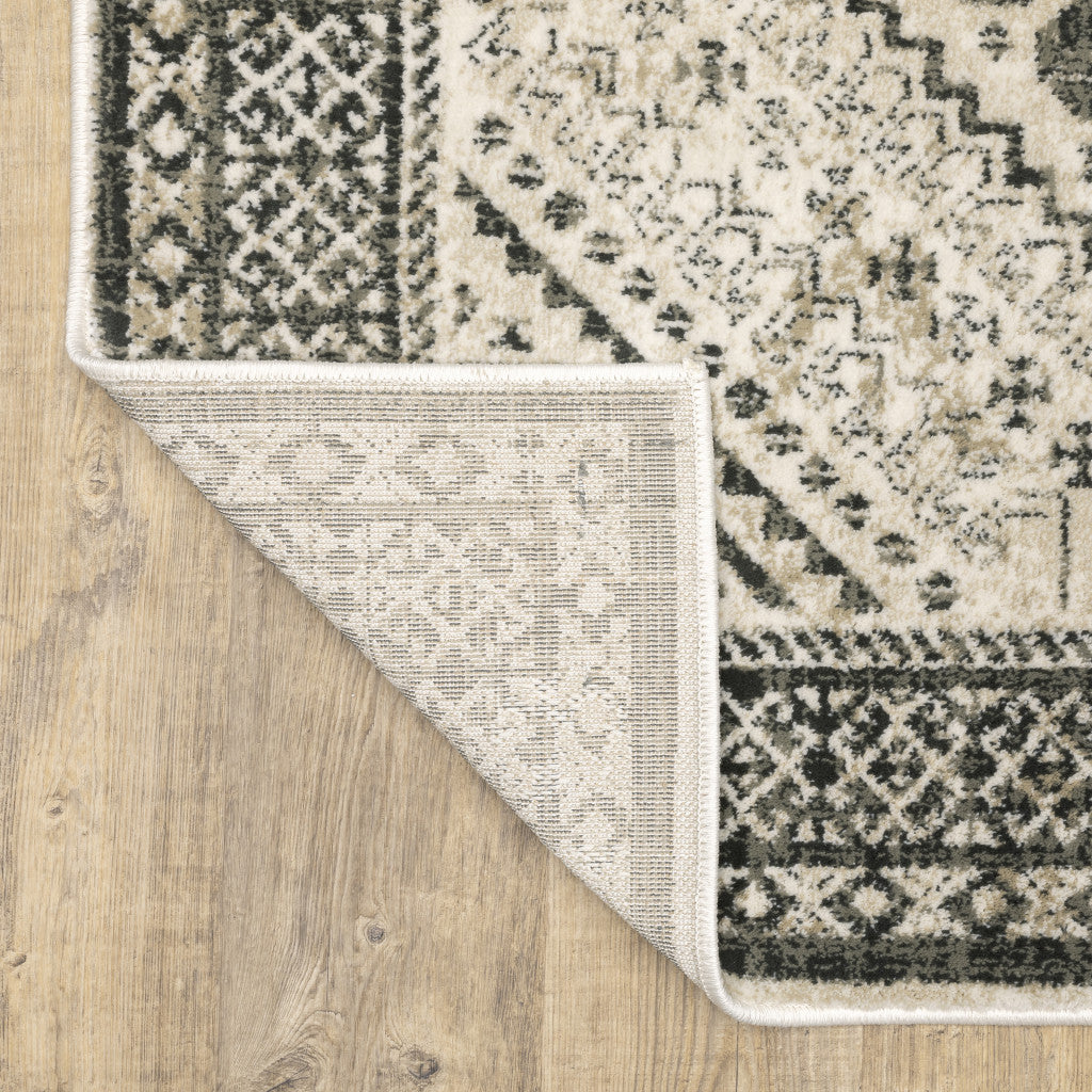 10 x 13 Ivory Grey Black & Ivory Oriental Power Loom Stain Resistant Rug