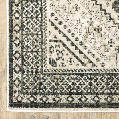 10 x 13 Ivory Grey Black & Ivory Oriental Power Loom Stain Resistant Rug