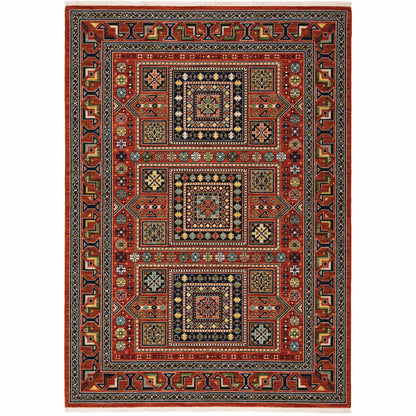10 x 13 Red Blue Beige & Green Oriental Power Loom Stain Resistant Rug With Fringe