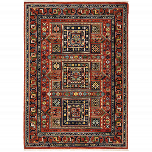 10 x 13 Red Blue Beige & Green Oriental Power Loom Stain Resistant Rug With Fringe