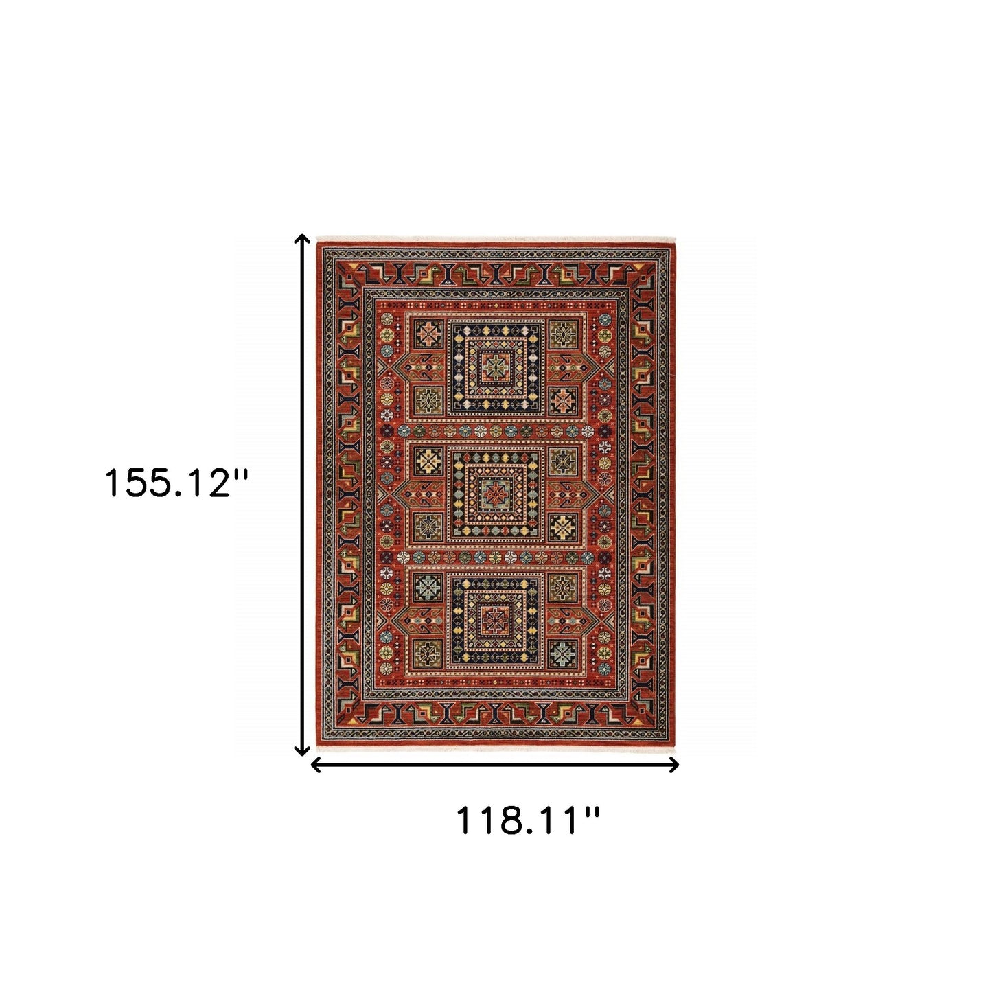 10 x 13 Red Blue Beige & Green Oriental Power Loom Stain Resistant Rug With Fringe