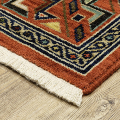 10 x 13 Red Blue Beige & Green Oriental Power Loom Stain Resistant Rug With Fringe