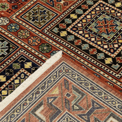 10 x 13 Red Blue Beige & Green Oriental Power Loom Stain Resistant Rug With Fringe