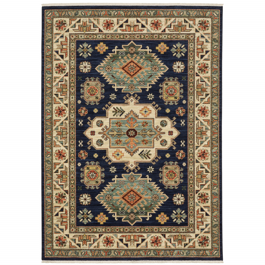 10 x 13 Navy Charcoal Orange Rust Gold Pale Blue Olive Beige & Salmon Oriental Power Loom Stain Resistant Rug With Fringe