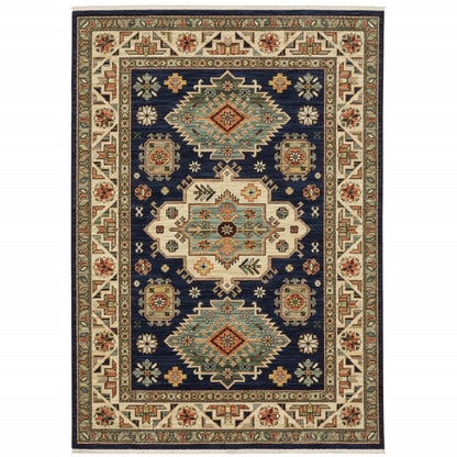 10 x 13 Navy Charcoal Orange Rust Gold Pale Blue Olive Beige & Salmon Oriental Power Loom Stain Resistant Rug With Fringe