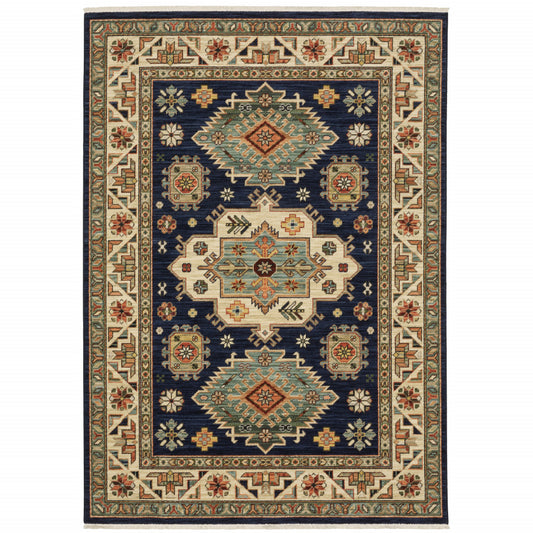10 x 13 Navy Charcoal Orange Rust Gold Pale Blue Olive Beige & Salmon Oriental Power Loom Stain Resistant Rug With Fringe