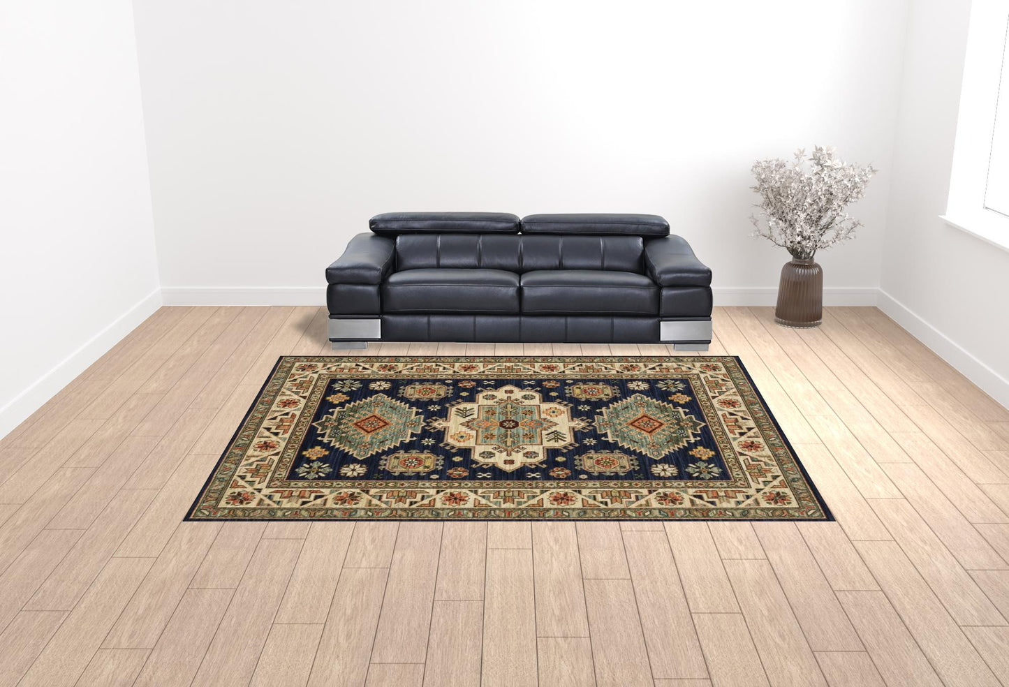 10 x 13 Navy Charcoal Orange Rust Gold Pale Blue Olive Beige & Salmon Oriental Power Loom Stain Resistant Rug With Fringe