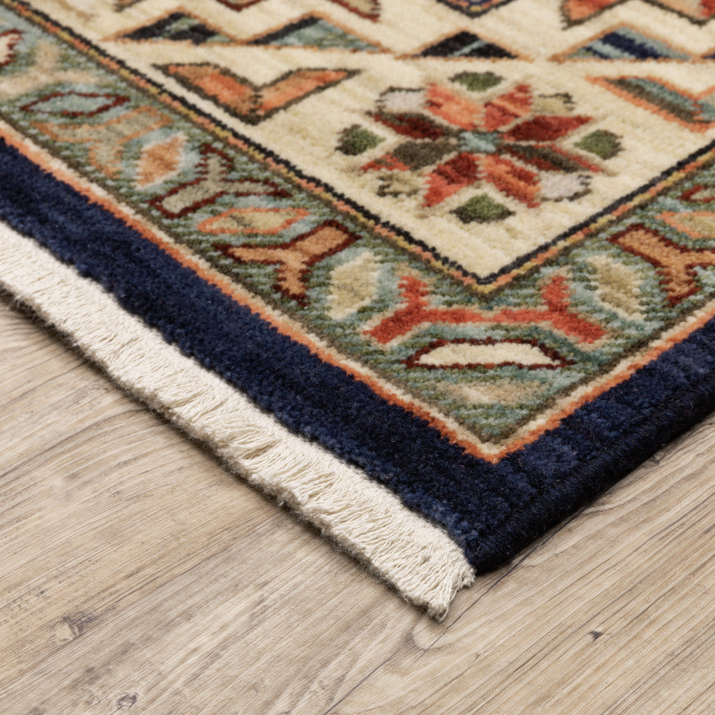 10 x 13 Navy Charcoal Orange Rust Gold Pale Blue Olive Beige & Salmon Oriental Power Loom Stain Resistant Rug With Fringe