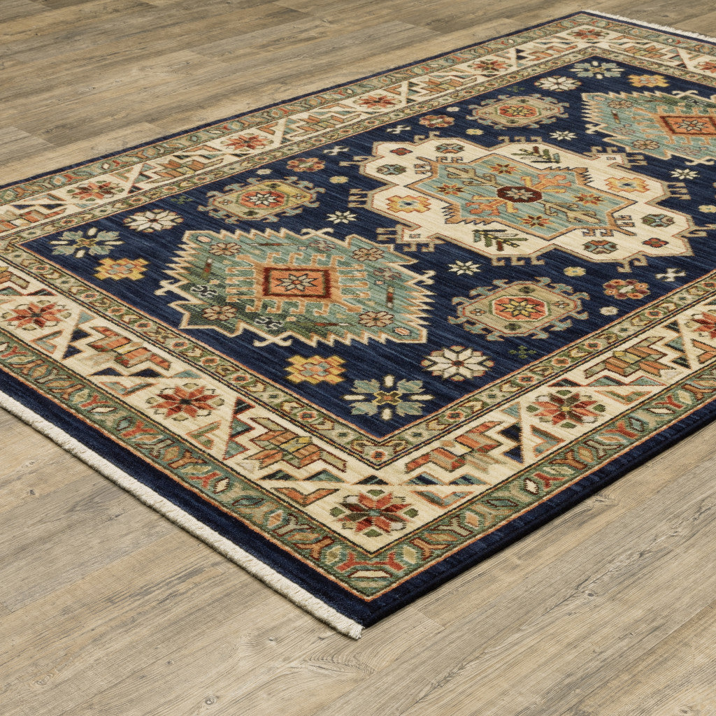 10 x 13 Navy Charcoal Orange Rust Gold Pale Blue Olive Beige & Salmon Oriental Power Loom Stain Resistant Rug With Fringe