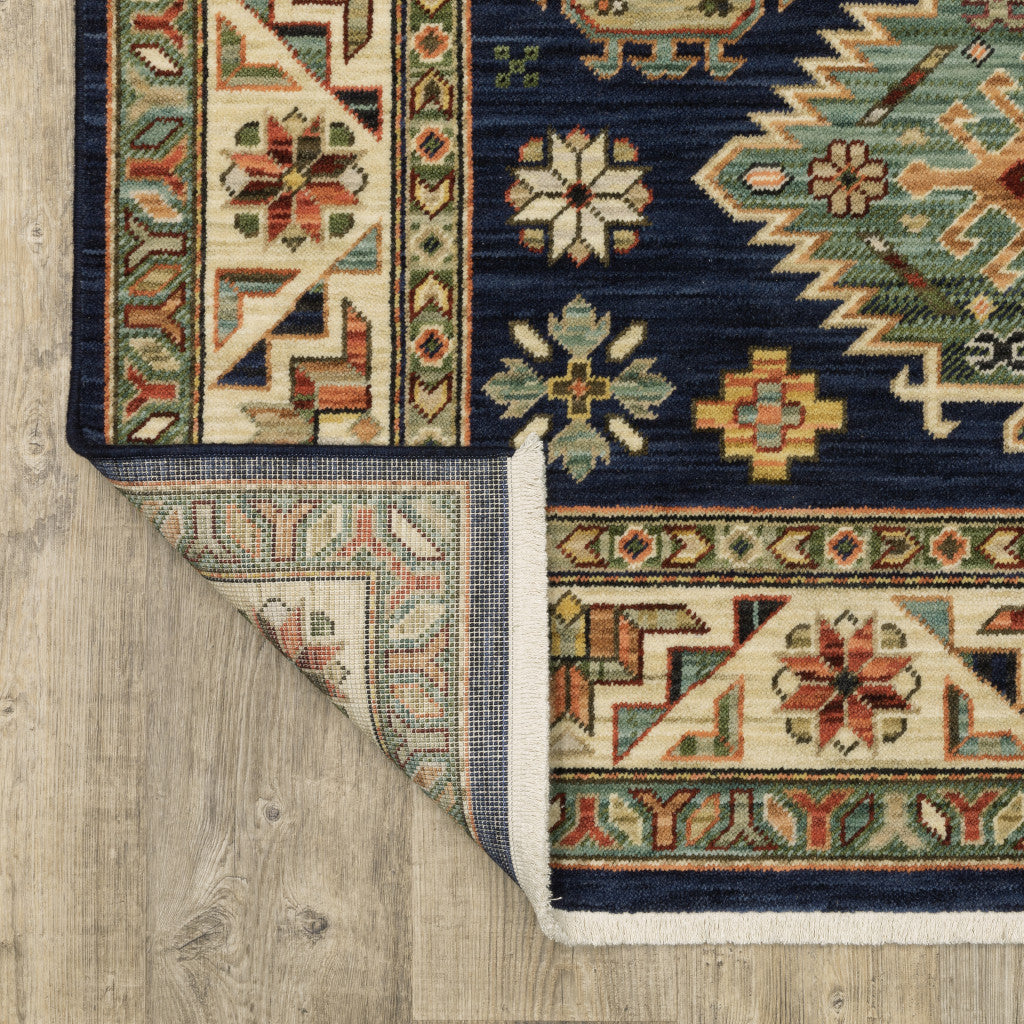 10 x 13 Navy Charcoal Orange Rust Gold Pale Blue Olive Beige & Salmon Oriental Power Loom Stain Resistant Rug With Fringe