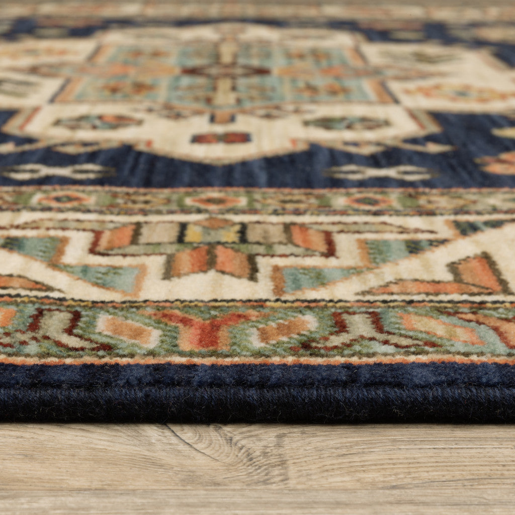 10 x 13 Navy Charcoal Orange Rust Gold Pale Blue Olive Beige & Salmon Oriental Power Loom Stain Resistant Rug With Fringe