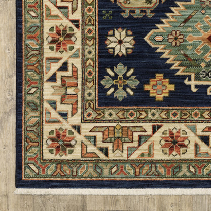 10 x 13 Navy Charcoal Orange Rust Gold Pale Blue Olive Beige & Salmon Oriental Power Loom Stain Resistant Rug With Fringe