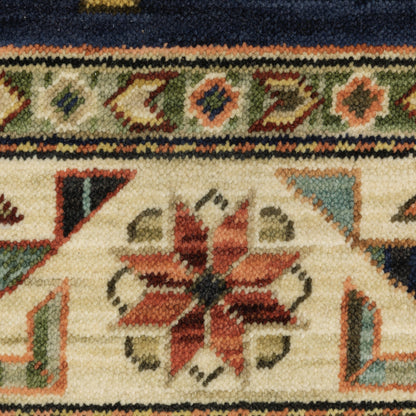 10 x 13 Navy Charcoal Orange Rust Gold Pale Blue Olive Beige & Salmon Oriental Power Loom Stain Resistant Rug With Fringe