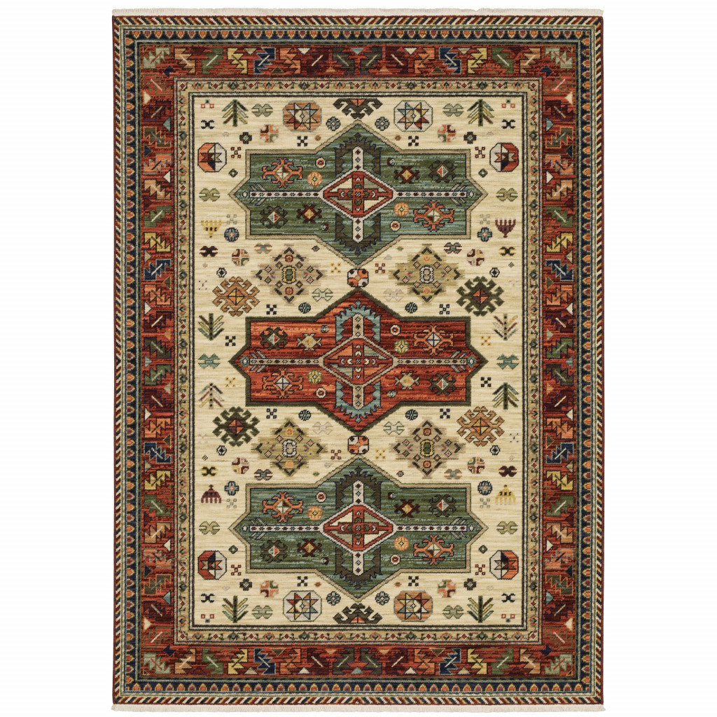 10 x 13 Brick Red Orange Rust Beige Gold Pale Blue Olive Navy & Black Oriental Power Loom Stain Resistant Rug With Fringe