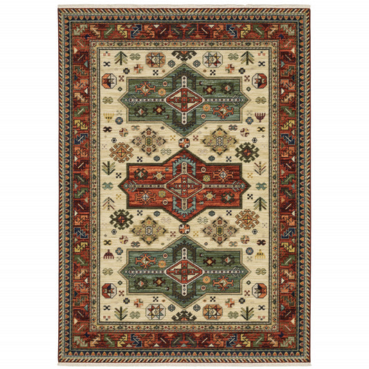 10 x 13 Brick Red Orange Rust Beige Gold Pale Blue Olive Navy & Black Oriental Power Loom Stain Resistant Rug With Fringe