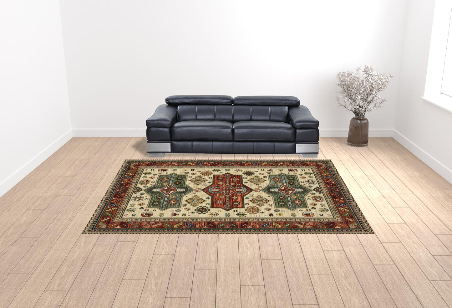 10 x 13 Brick Red Orange Rust Beige Gold Pale Blue Olive Navy & Black Oriental Power Loom Stain Resistant Rug With Fringe