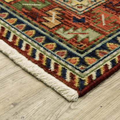 10 x 13 Brick Red Orange Rust Beige Gold Pale Blue Olive Navy & Black Oriental Power Loom Stain Resistant Rug With Fringe