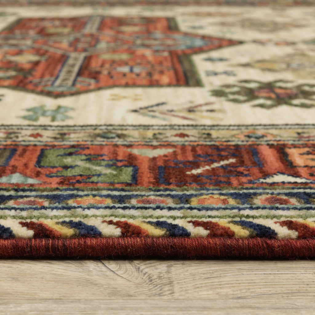 10 x 13 Brick Red Orange Rust Beige Gold Pale Blue Olive Navy & Black Oriental Power Loom Stain Resistant Rug With Fringe