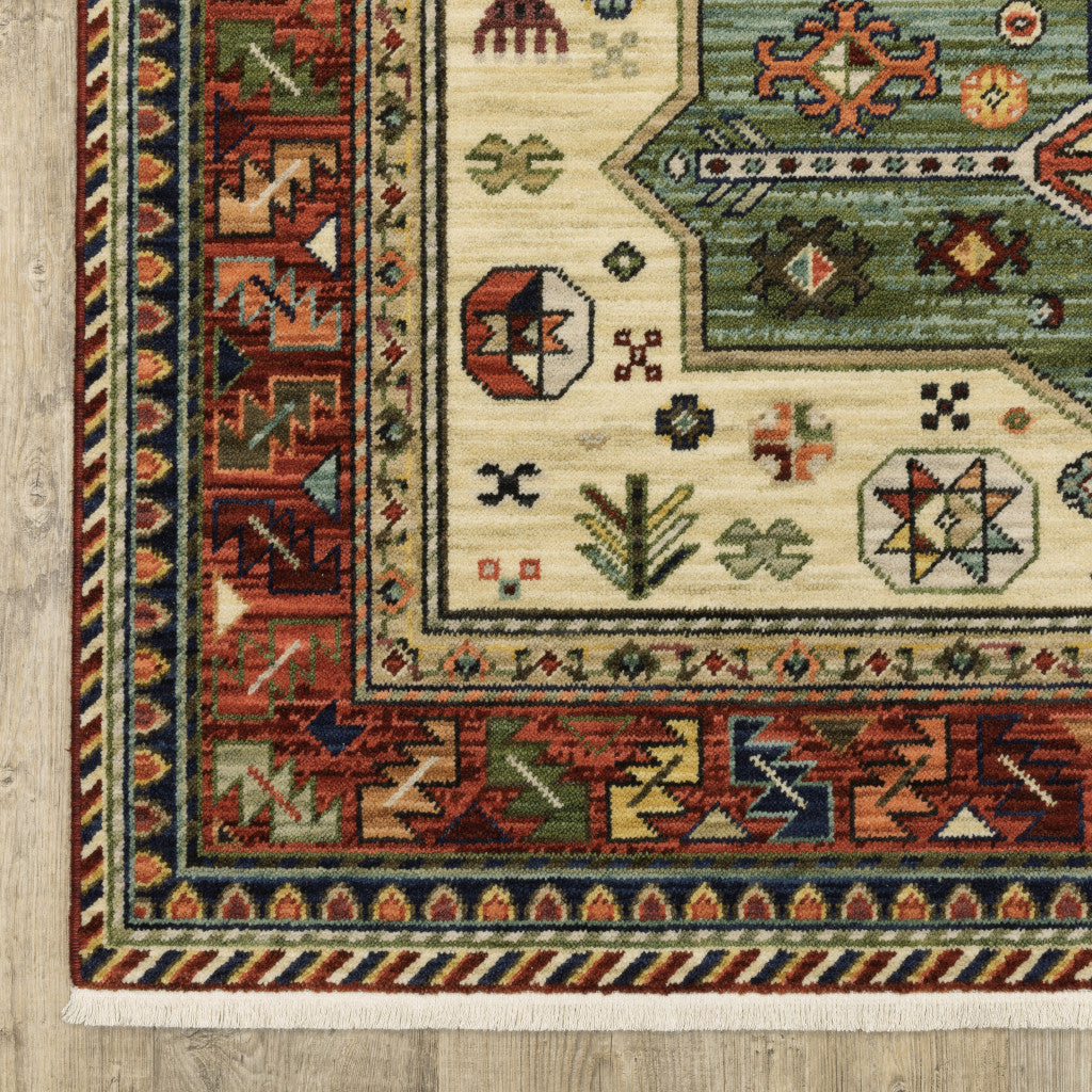 10 x 13 Brick Red Orange Rust Beige Gold Pale Blue Olive Navy & Black Oriental Power Loom Stain Resistant Rug With Fringe