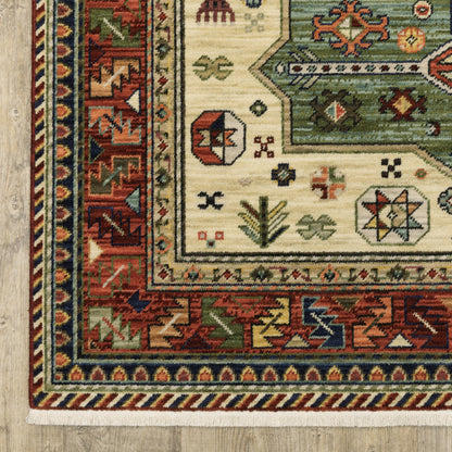 10 x 13 Brick Red Orange Rust Beige Gold Pale Blue Olive Navy & Black Oriental Power Loom Stain Resistant Rug With Fringe