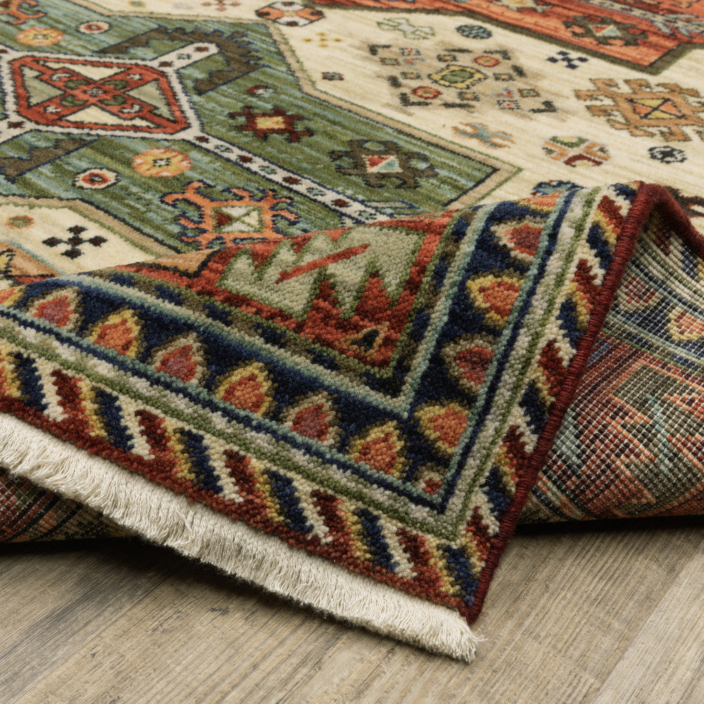 10 x 13 Brick Red Orange Rust Beige Gold Pale Blue Olive Navy & Black Oriental Power Loom Stain Resistant Rug With Fringe