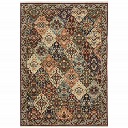 10 x 13 Red Rust Navy Light Blue Brown Orange Ivory & Gold Oriental Power Loom Stain Resistant Rug With Fringe