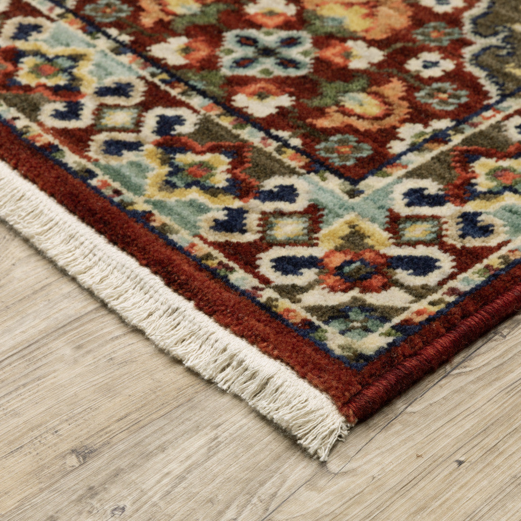 10 x 13 Red Rust Navy Light Blue Brown Orange Ivory & Gold Oriental Power Loom Stain Resistant Rug With Fringe