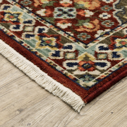 10 x 13 Red Rust Navy Light Blue Brown Orange Ivory & Gold Oriental Power Loom Stain Resistant Rug With Fringe