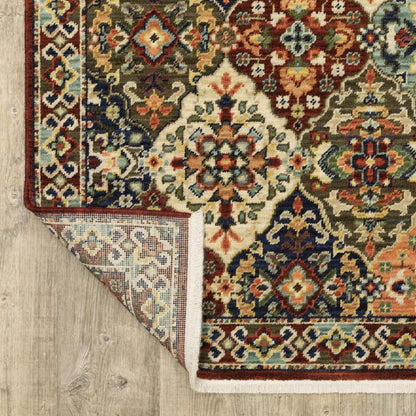 10 x 13 Red Rust Navy Light Blue Brown Orange Ivory & Gold Oriental Power Loom Stain Resistant Rug With Fringe