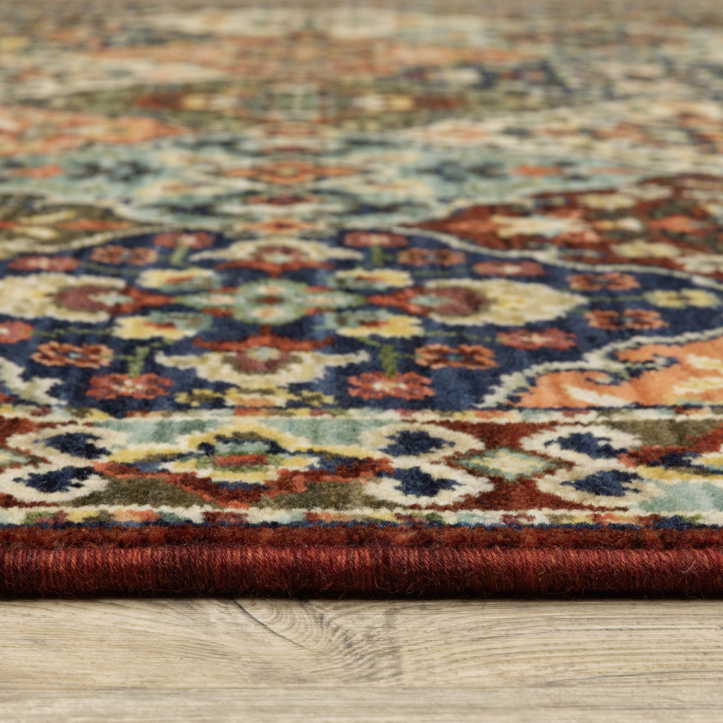 10 x 13 Red Rust Navy Light Blue Brown Orange Ivory & Gold Oriental Power Loom Stain Resistant Rug With Fringe