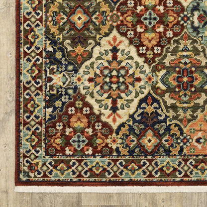 10 x 13 Red Rust Navy Light Blue Brown Orange Ivory & Gold Oriental Power Loom Stain Resistant Rug With Fringe