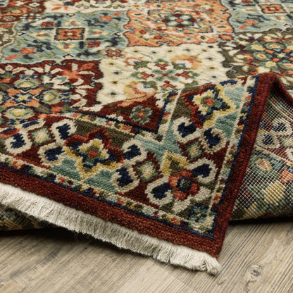 10 x 13 Red Rust Navy Light Blue Brown Orange Ivory & Gold Oriental Power Loom Stain Resistant Rug With Fringe