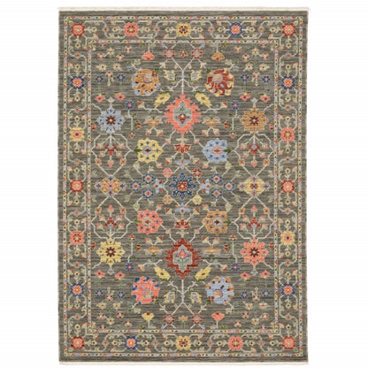 10 x 13 Grey Salmon Pink Gold Blue Rust Deep Blue Ivory & Green Oriental Power Loom Stain Resistant Rug With Fringe