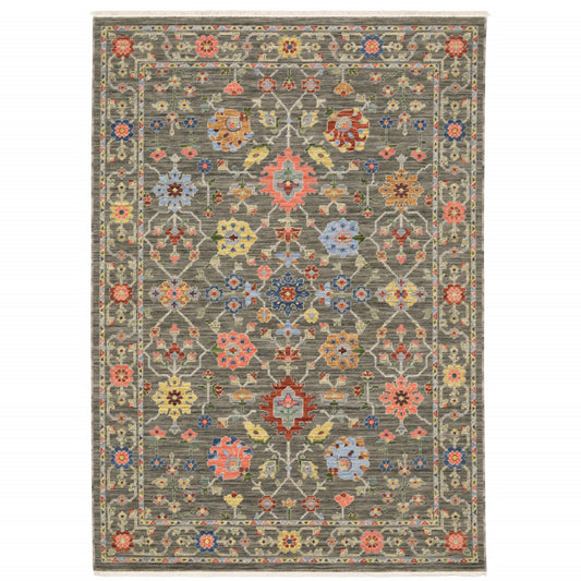 10 x 13 Grey Salmon Pink Gold Blue Rust Deep Blue Ivory & Green Oriental Power Loom Stain Resistant Rug With Fringe