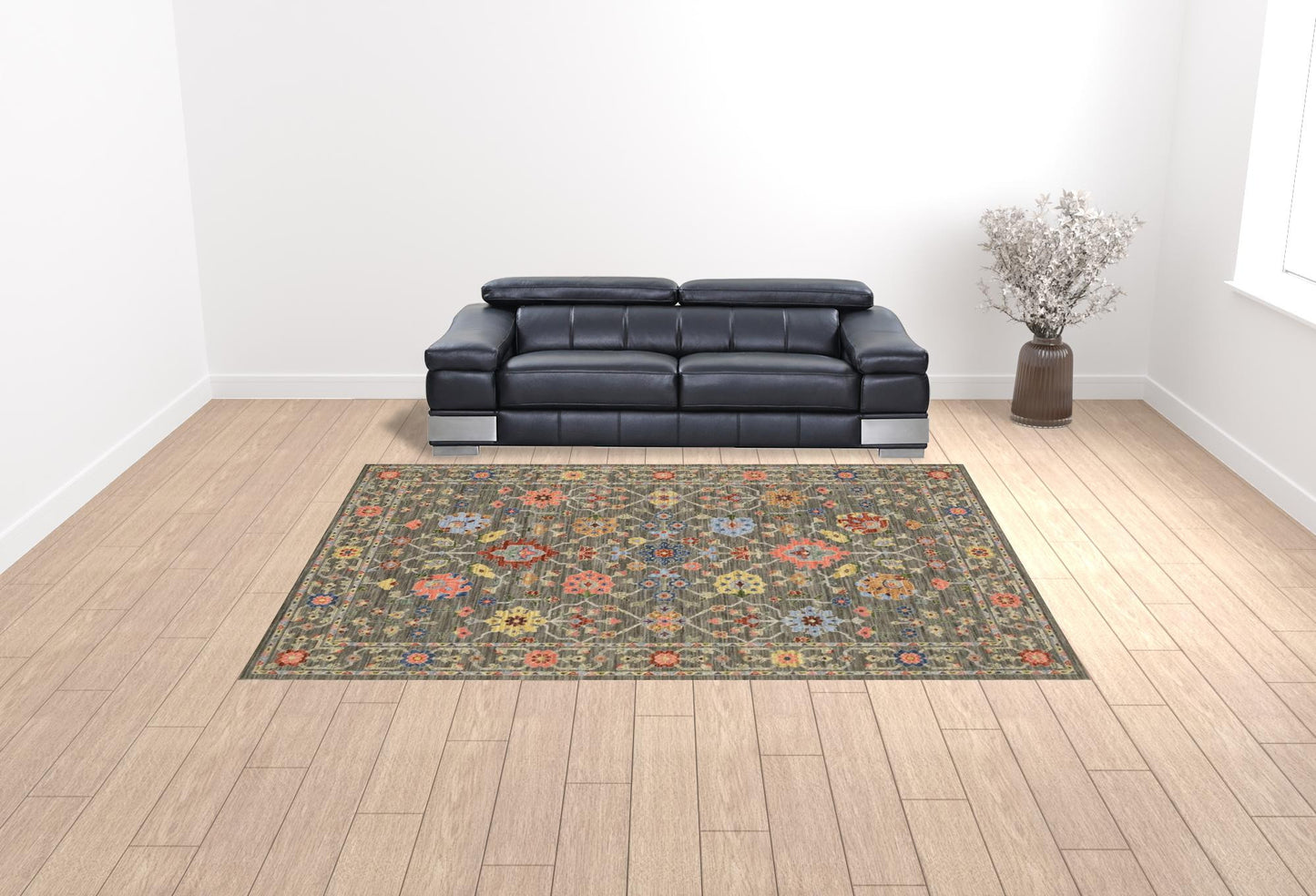 10 x 13 Grey Salmon Pink Gold Blue Rust Deep Blue Ivory & Green Oriental Power Loom Stain Resistant Rug With Fringe