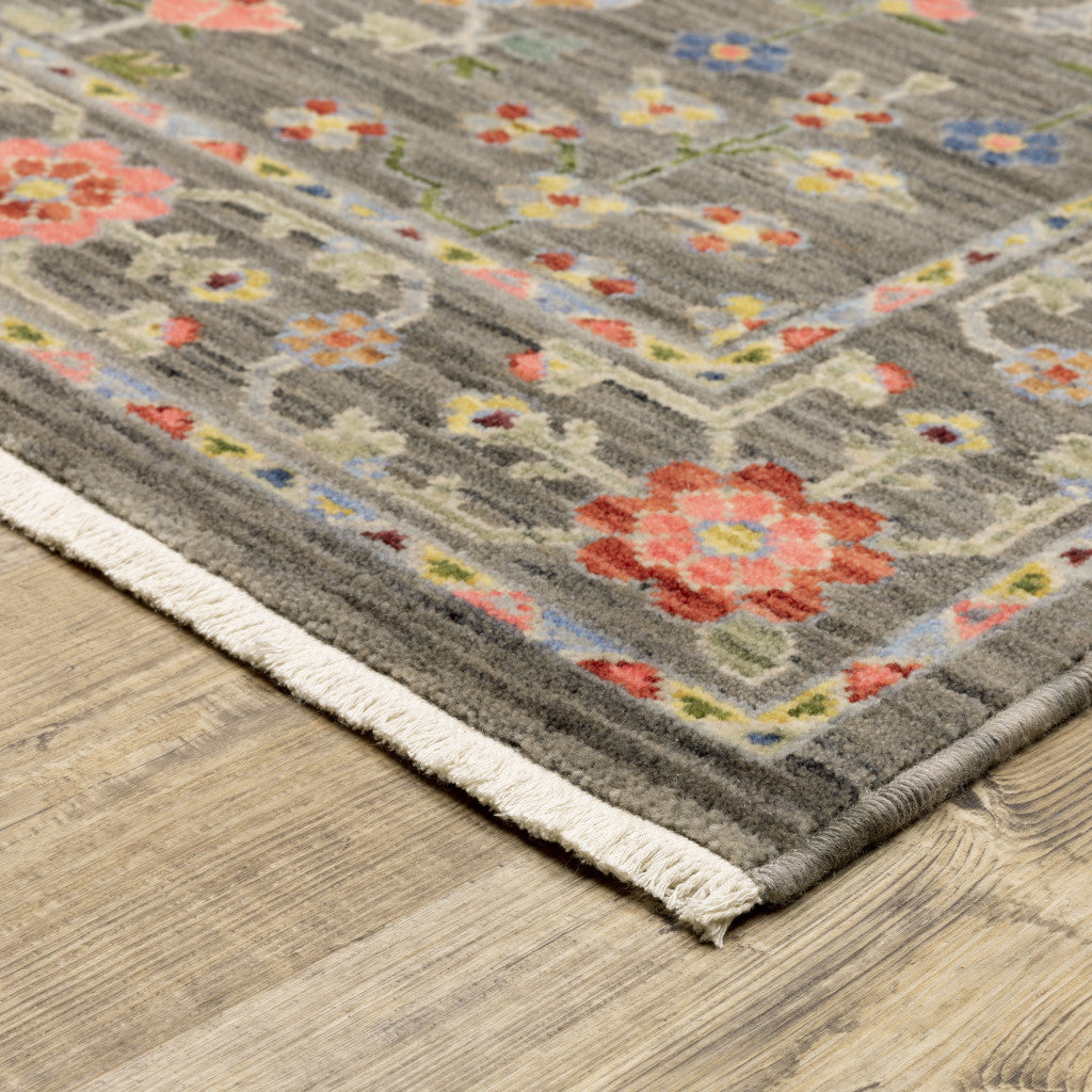 10 x 13 Grey Salmon Pink Gold Blue Rust Deep Blue Ivory & Green Oriental Power Loom Stain Resistant Rug With Fringe