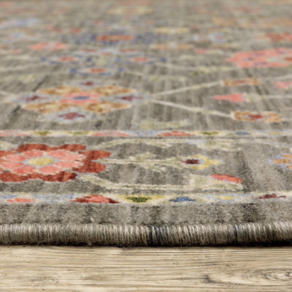 10 x 13 Grey Salmon Pink Gold Blue Rust Deep Blue Ivory & Green Oriental Power Loom Stain Resistant Rug With Fringe