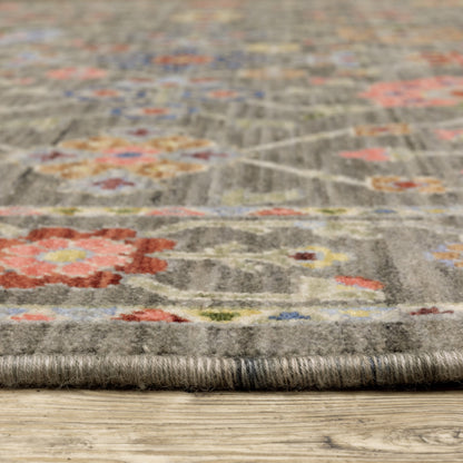10 x 13 Grey Salmon Pink Gold Blue Rust Deep Blue Ivory & Green Oriental Power Loom Stain Resistant Rug With Fringe