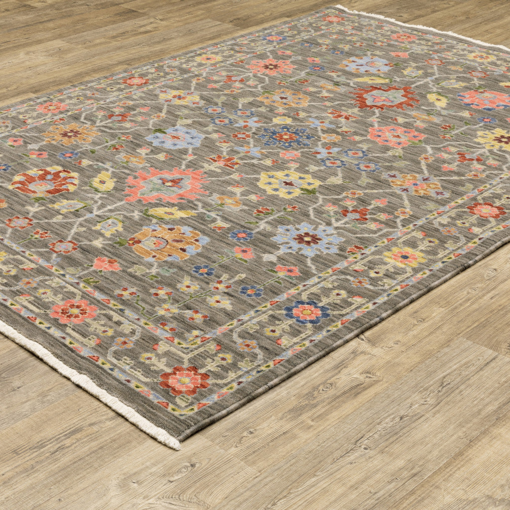 10 x 13 Grey Salmon Pink Gold Blue Rust Deep Blue Ivory & Green Oriental Power Loom Stain Resistant Rug With Fringe