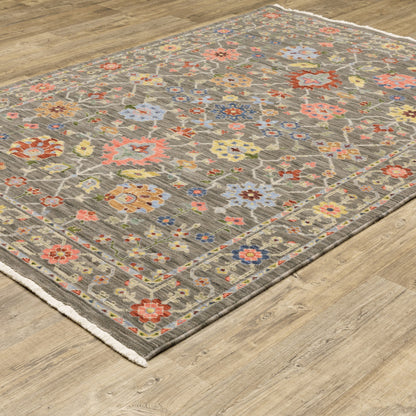 10 x 13 Grey Salmon Pink Gold Blue Rust Deep Blue Ivory & Green Oriental Power Loom Stain Resistant Rug With Fringe