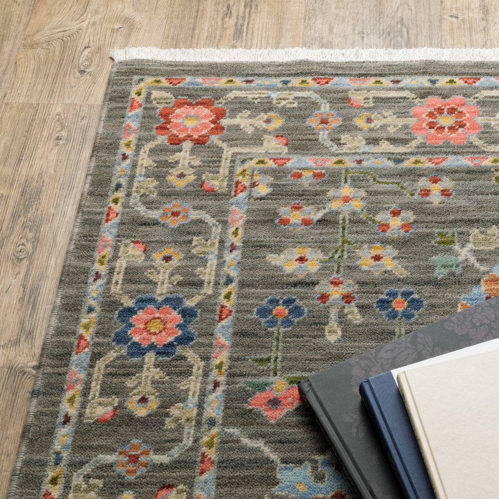 10 x 13 Grey Salmon Pink Gold Blue Rust Deep Blue Ivory & Green Oriental Power Loom Stain Resistant Rug With Fringe